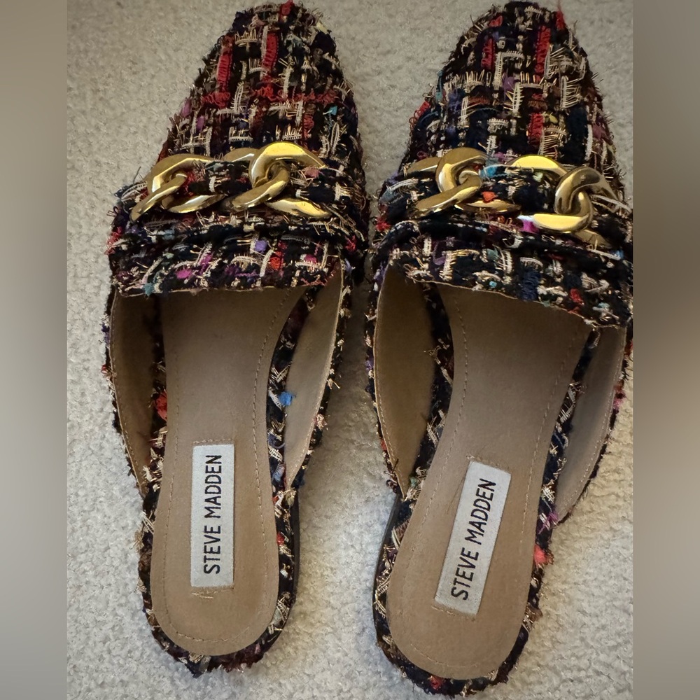 Steve Madden Multicolor Tweed Mules with Gold Chain